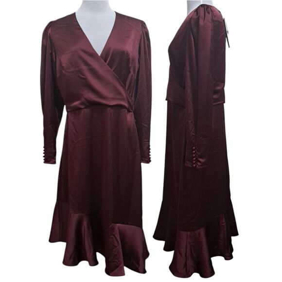 Calvin Klien Satin Puff Sleeve High Low Ruffled Hem Holiday Burgundy S 12 NWT - Picture 3 of 17